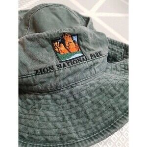 Vintage Zion National Park Green Cotton Bucket Hat Buttoned Brim Made By Broner